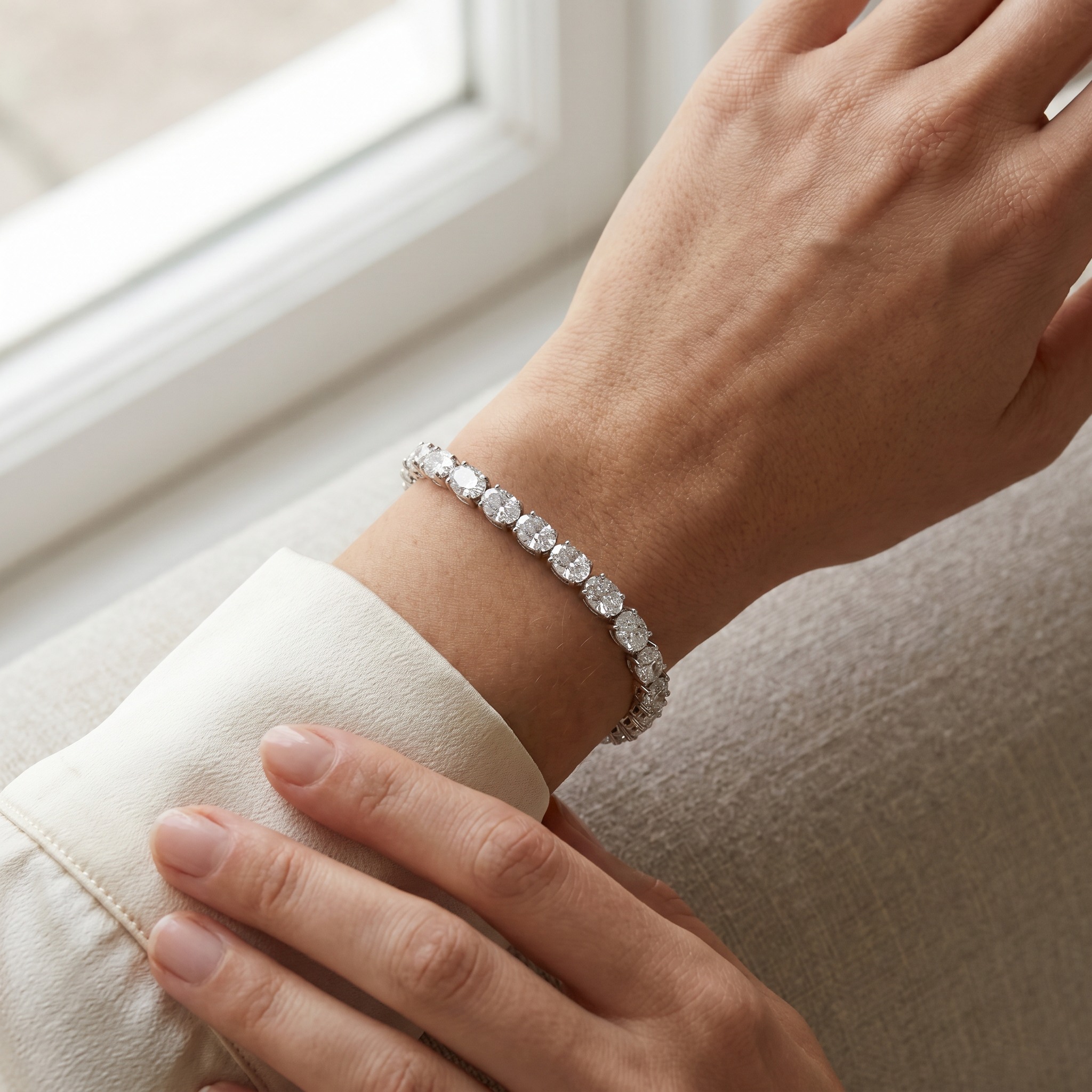 Oval Diamond Tennis Bracelet — worn on wrist