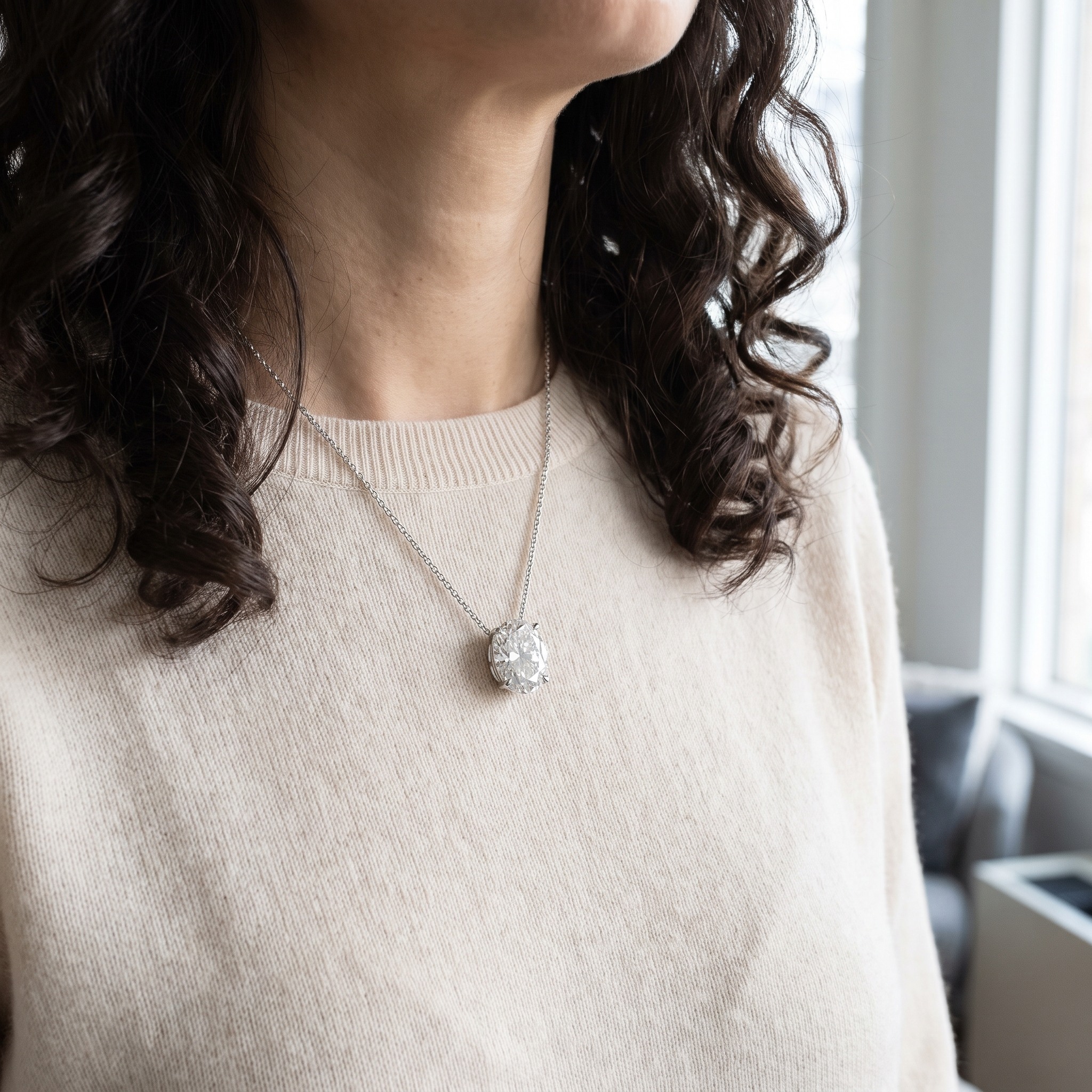 Oval Cut Diamond Solitaire Pendant — worn